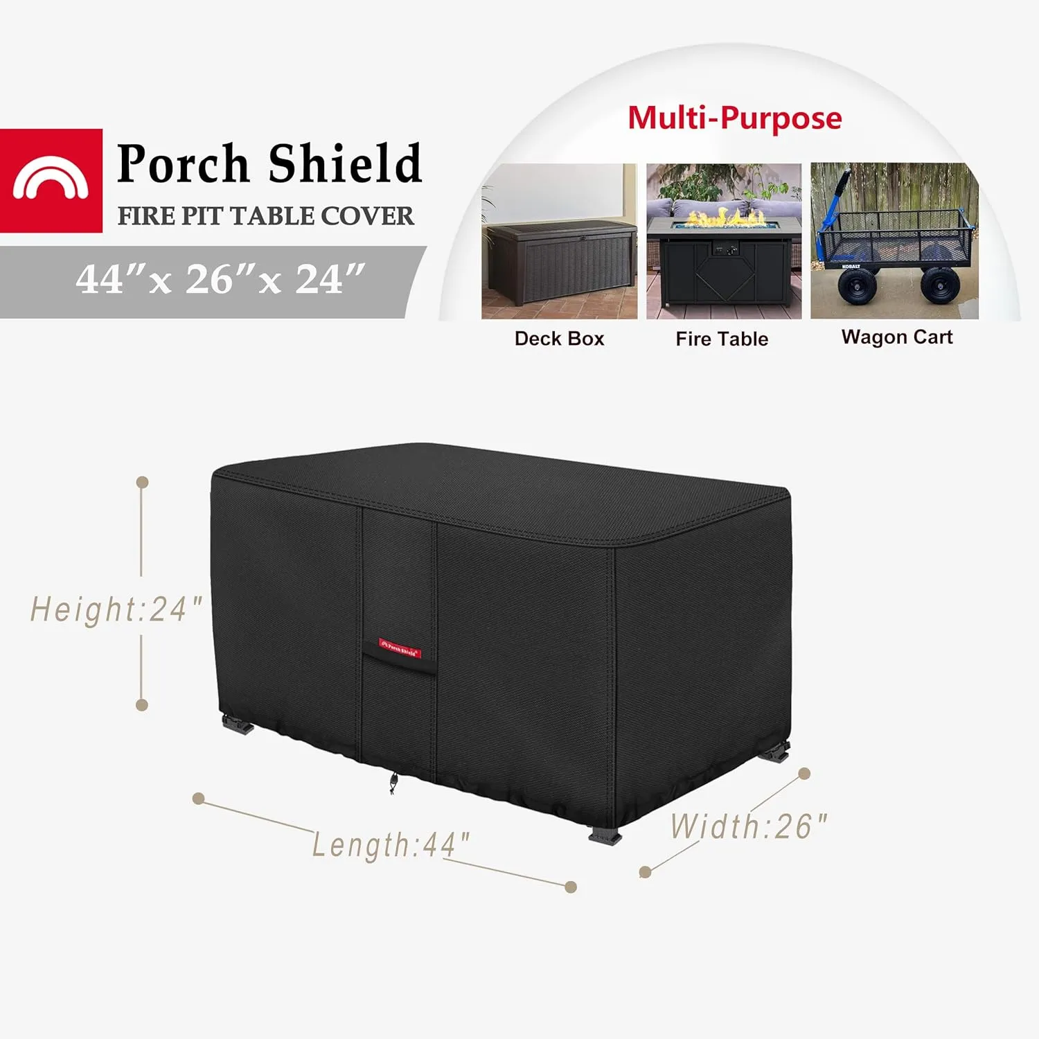 Porch Shield Patio Fire Pit Cover - Waterproof 600D Outdoor Rectangular Fire Table Cover Deck Box Protector - 44 x 26 inch, Black