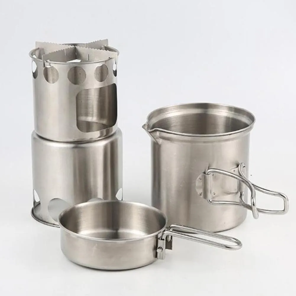 Portable 304 Stainless Steel Outdoor Camping Cookware Mess Kit Set with Wood Stove Hiking Tool Accessory Lightweight Accessories Camping Stove