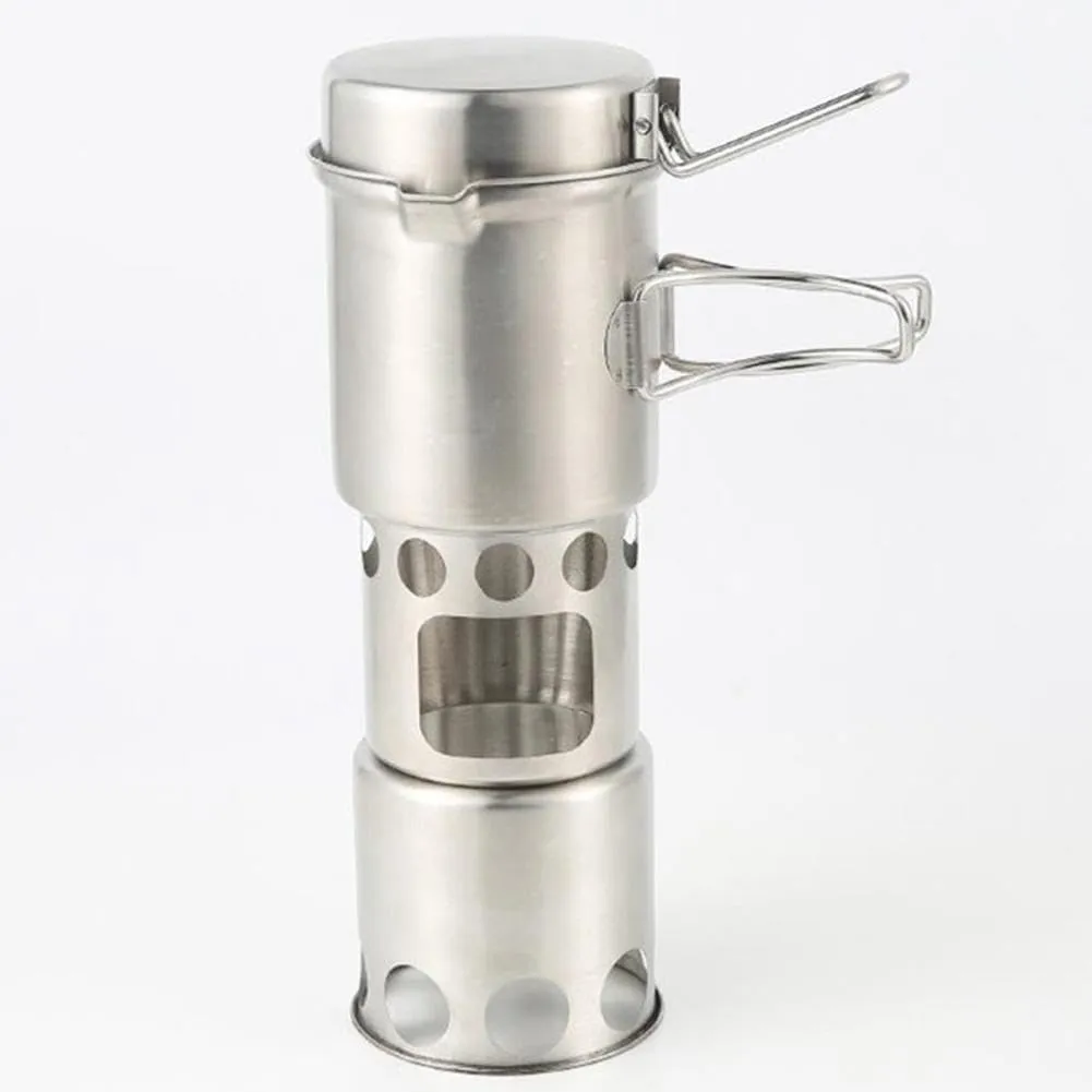 Portable 304 Stainless Steel Outdoor Camping Cookware Mess Kit Set with Wood Stove Hiking Tool Accessory Lightweight Accessories Camping Stove