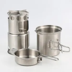 Portable 304 Stainless Steel Outdoor Camping Cookware Mess Kit Set with Wood Stove Hiking Tool Accessory Lightweight Accessories Camping Stove
