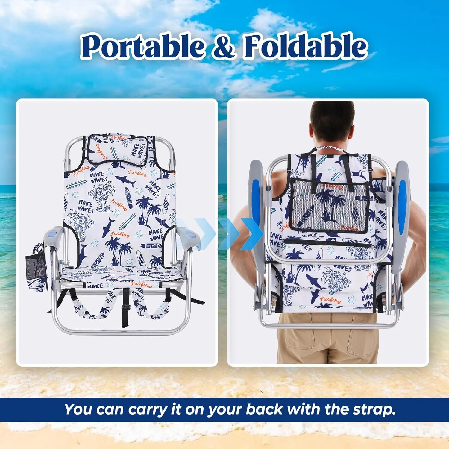 Portable Beach Chair for Adults, Outdoor Lightweight Camping Chair Lay Flat Folding Backpack Beach Reclining Chair with 4 Positions, Headrest, Cooler Pouch, Cup Holder