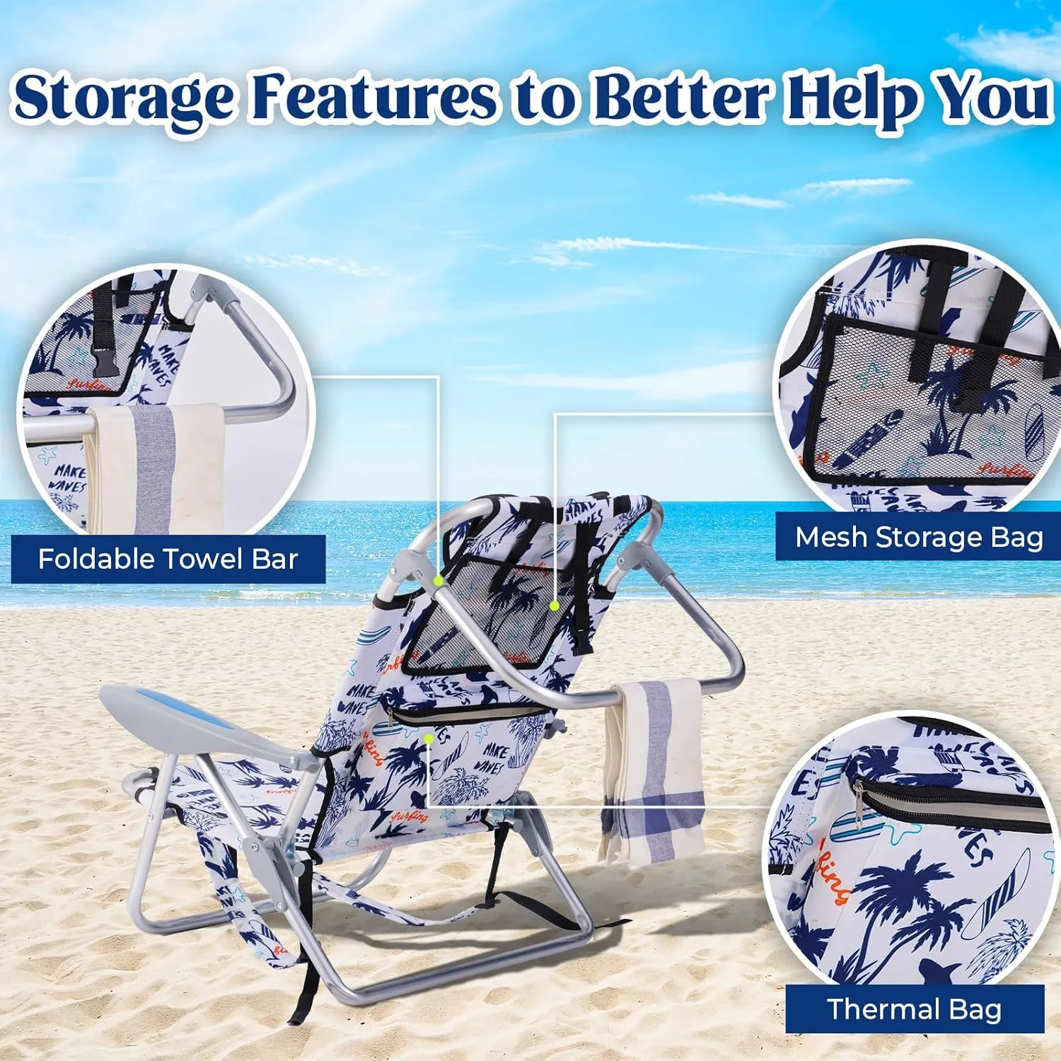 Portable Beach Chair for Adults, Outdoor Lightweight Camping Chair Lay Flat Folding Backpack Beach Reclining Chair with 4 Positions, Headrest, Cooler Pouch, Cup Holder