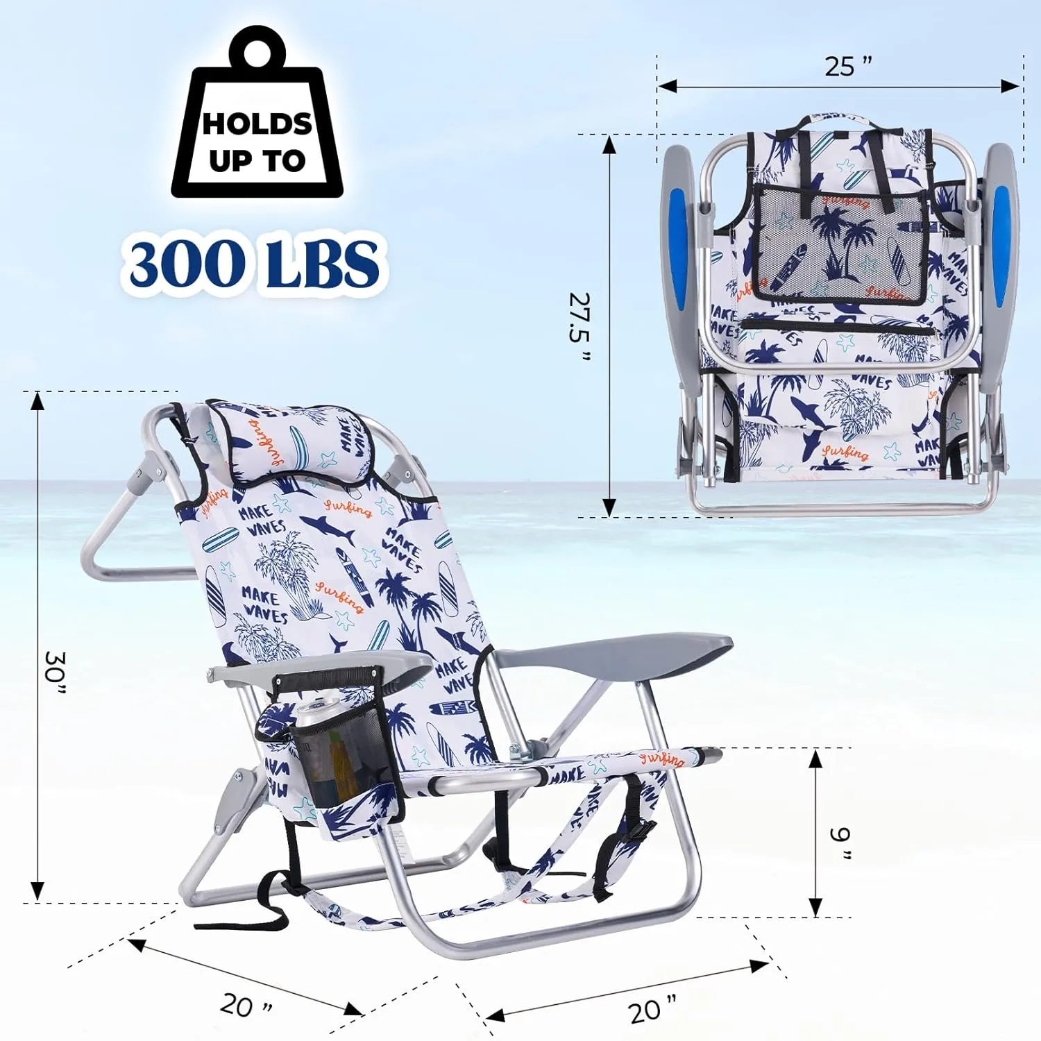 Portable Beach Chair for Adults, Outdoor Lightweight Camping Chair Lay Flat Folding Backpack Beach Reclining Chair with 4 Positions, Headrest, Cooler Pouch, Cup Holder