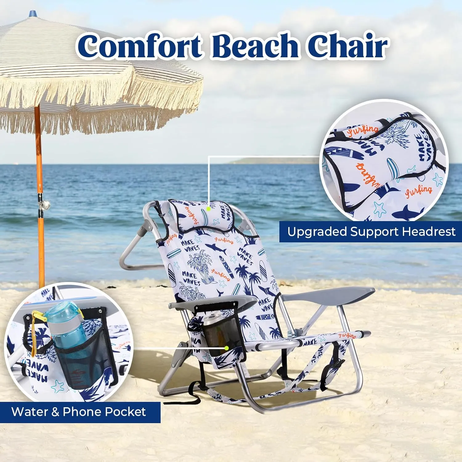 Portable Beach Chair for Adults, Outdoor Lightweight Camping Chair Lay Flat Folding Backpack Beach Reclining Chair with 4 Positions, Headrest, Cooler Pouch, Cup Holder