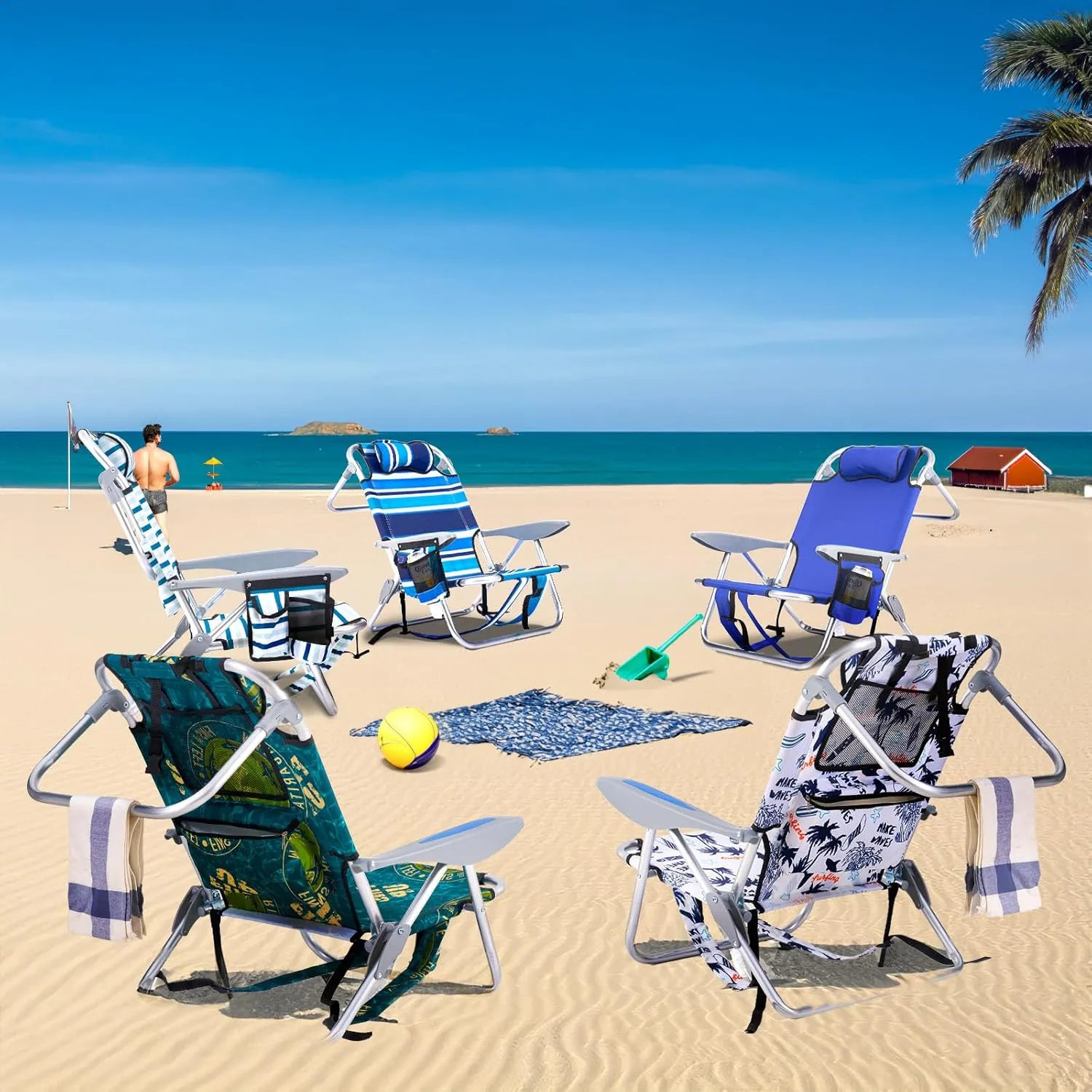 Portable Beach Chair for Adults, Outdoor Lightweight Camping Chair Lay Flat Folding Backpack Beach Reclining Chair with 4 Positions, Headrest, Cooler Pouch, Cup Holder