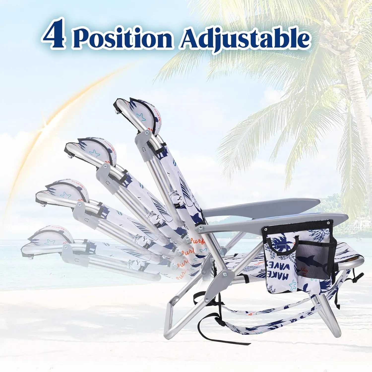 Portable Beach Chair for Adults, Outdoor Lightweight Camping Chair Lay Flat Folding Backpack Beach Reclining Chair with 4 Positions, Headrest, Cooler Pouch, Cup Holder