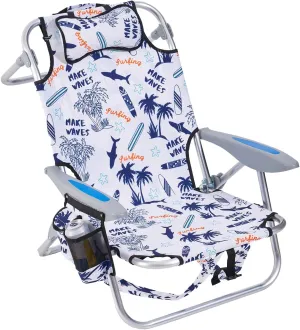Portable Beach Chair for Adults, Outdoor Lightweight Camping Chair Lay Flat Folding Backpack Beach Reclining Chair with 4 Positions, Headrest, Cooler Pouch, Cup Holder