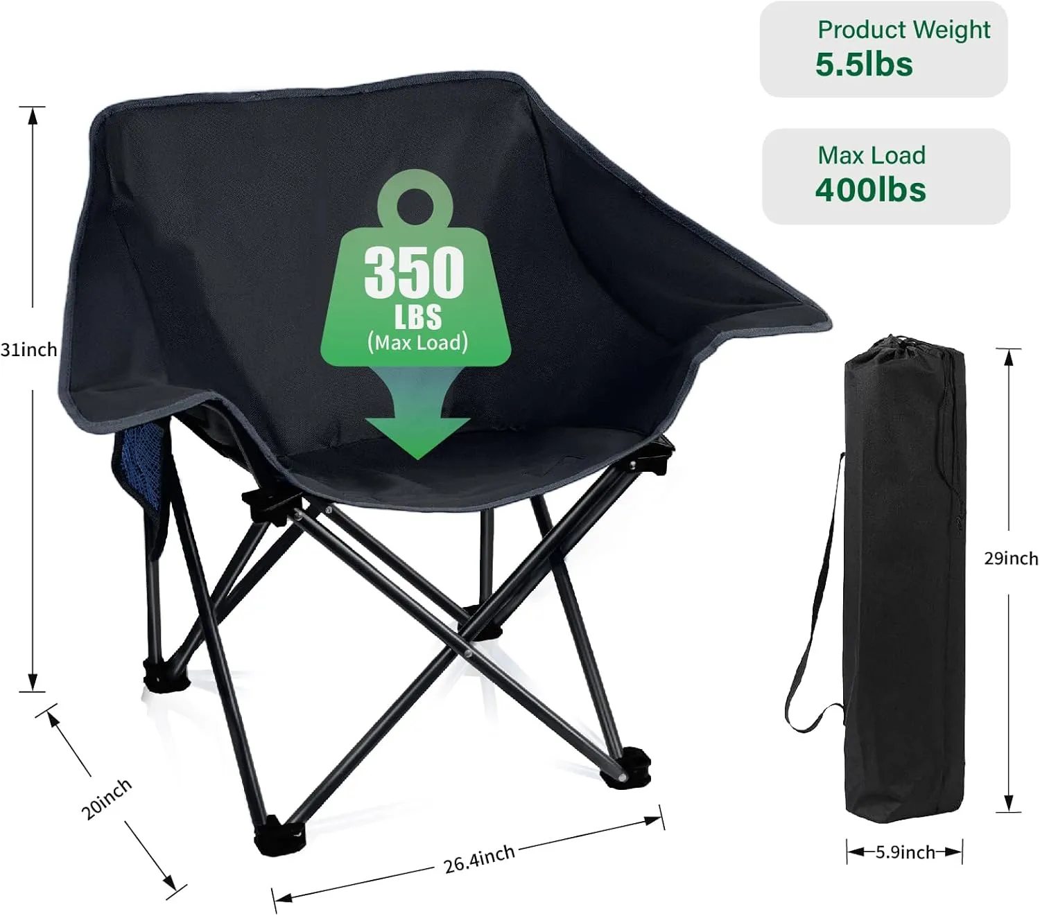 Portable Camping Chair Compact Collapsible Outdoor Folding Sports Chairs for Adults Heavy Duty Camp Sporting Events Park Lawn 400 Lbs Black