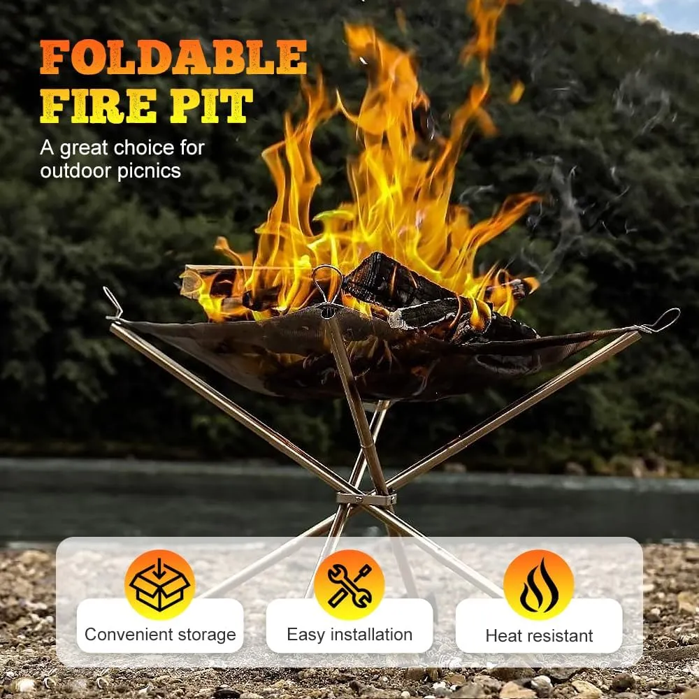 Portable Camping Fire Pit Stainless Steel Mesh, 2025 New Outdoor Portable Folding Grill for Camping Patio Backyard Garden, Collapsible BBQ Grill with Carrying Bag (Medium)