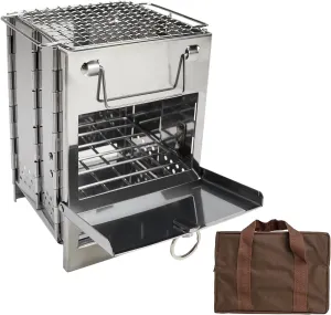 Portable Camping Stove with Grill & Carry Bag, Lightweight & Folding Camping Stove, Stainless Steel Wood Burning Stove, Mini Wood Stove for Outdoor Hiking Camping Picnic Emergency Stove (Small)