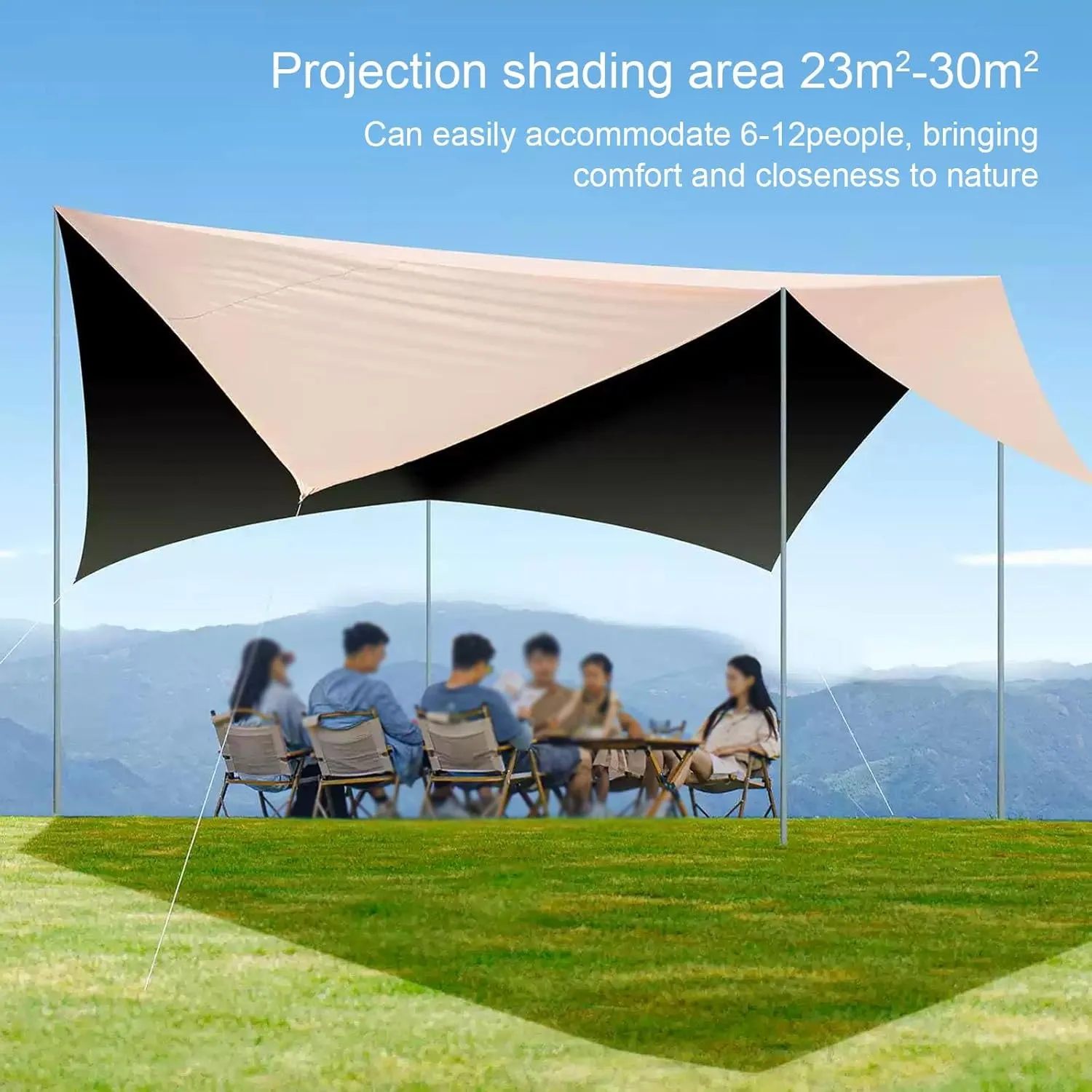 Portable Camping Tarp Shelter, Canopy Sun Shade, Outdoor Tent with Metal Support Poles for Parks, Gardens, Lawns, Courtyards, Four Ways to Set Up