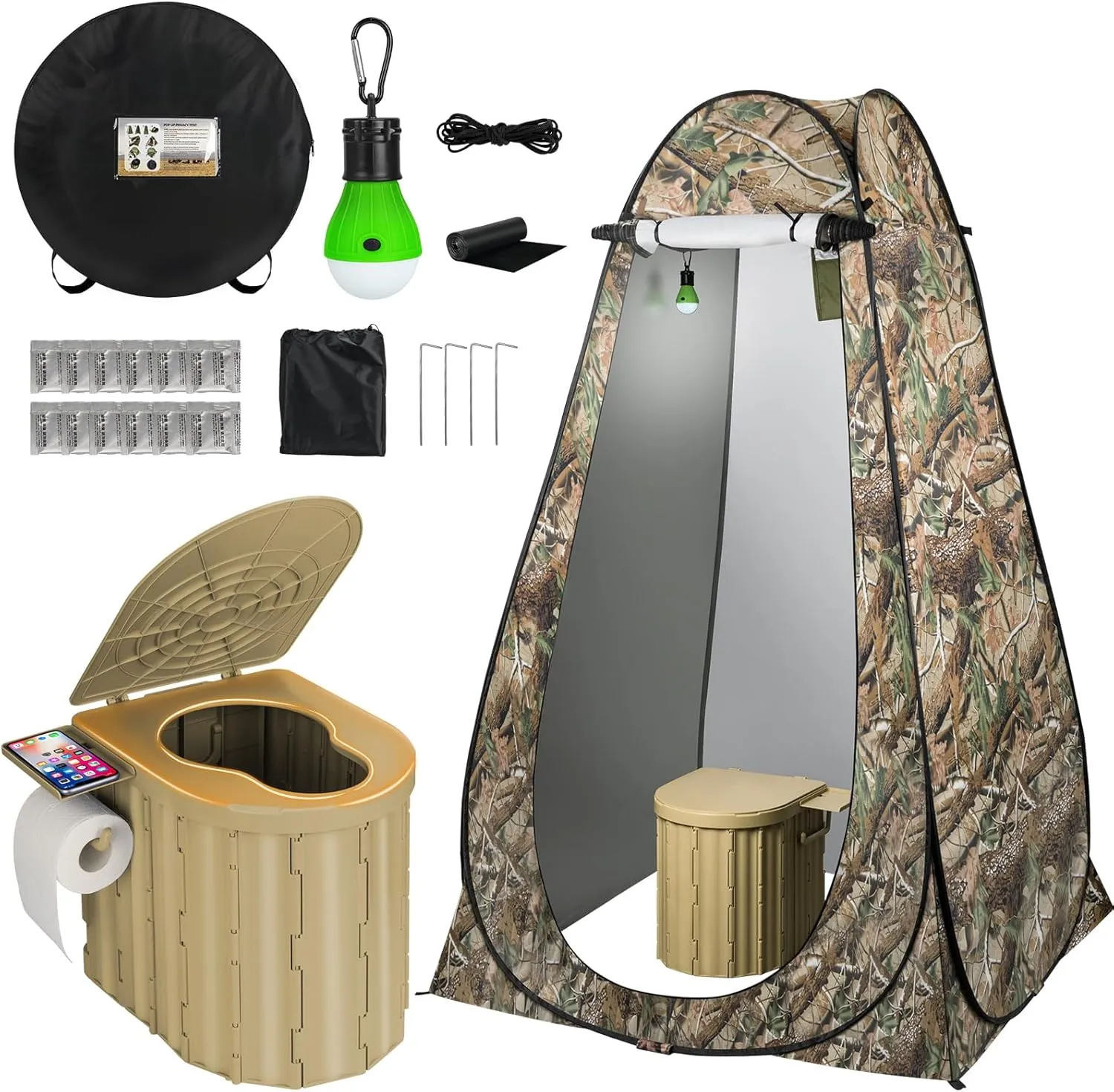 Portable Camping Toilet with Pop-Up Privacy Tent, 12-inch Toilet Seat, Outdoor Portable Folding Toilet Potty for Adults Load Capacity of 400 Lbs, LED-Light Camping Bathroom