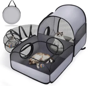 Portable Cat Playpen with Surround Tunnel, 2-Linked-Enclosed Areas, Ideal Cat Tent Outdoor or Cat Playpen for Indoor Cats Enclosed.Breathable Mesh Design for Indoor & Outdoor Use