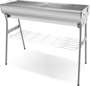 Portable Charcoal Grill, Foldable Stainless Steel Grill with Storage Shelf and non-slip feet - ideal for outdoor Kabob cooking, picnics and camping