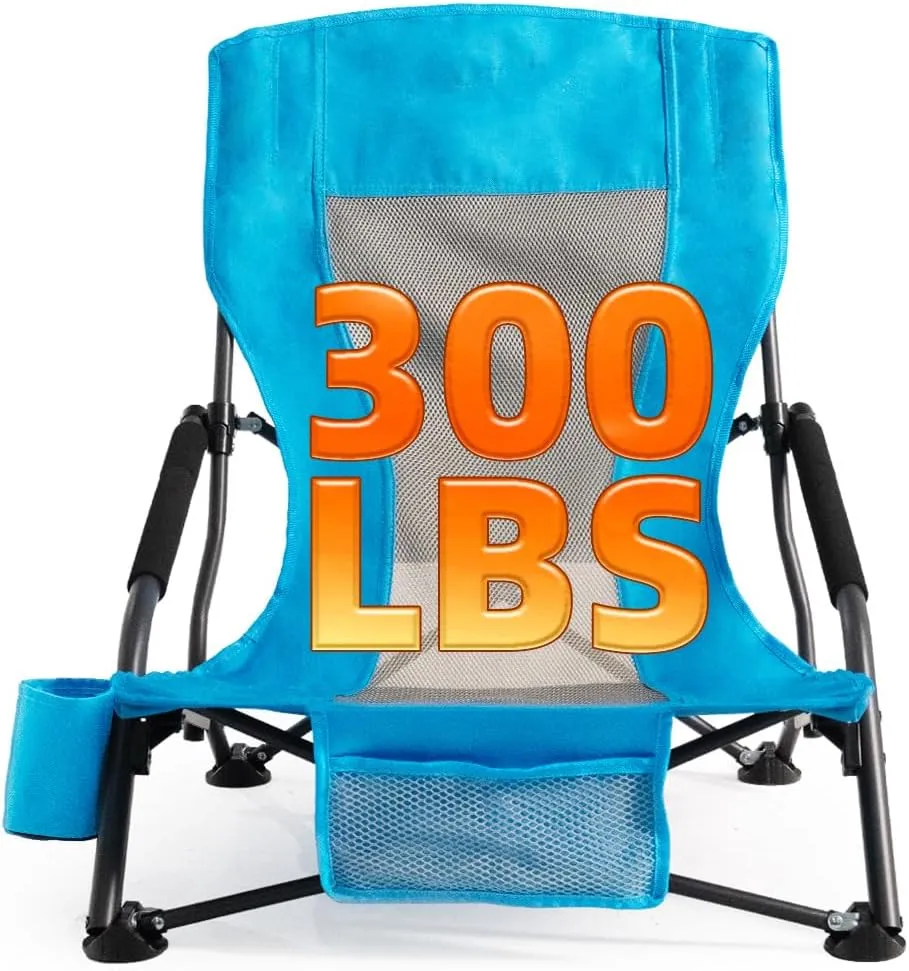 Portable Folding Beach Chair for Adults Set of 4- Lightweight Low Back Sling Chair with Cup Holder & Storage Pocket, 300lbs Capacity Camping Chair for Outdoor, Lawn, Concert, Travel (Blue)