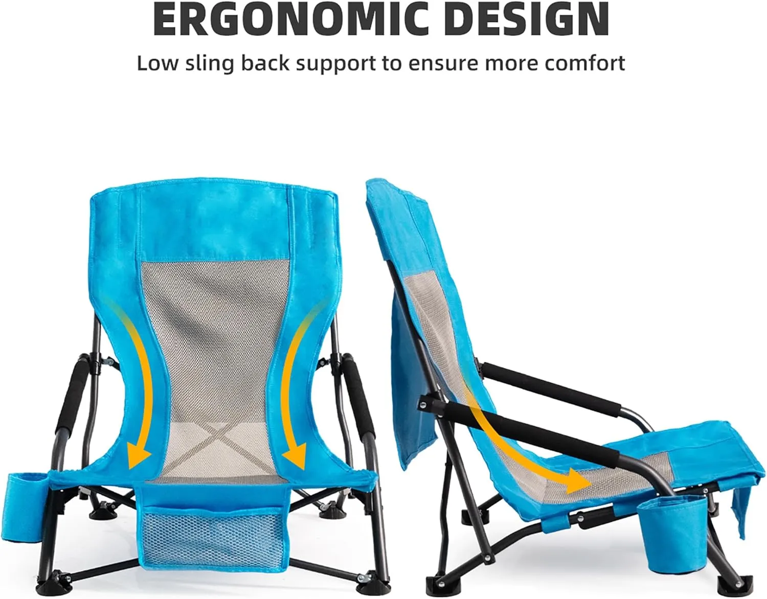 Portable Folding Beach Chair for Adults Set of 4- Lightweight Low Back Sling Chair with Cup Holder & Storage Pocket, 300lbs Capacity Camping Chair for Outdoor, Lawn, Concert, Travel (Blue)
