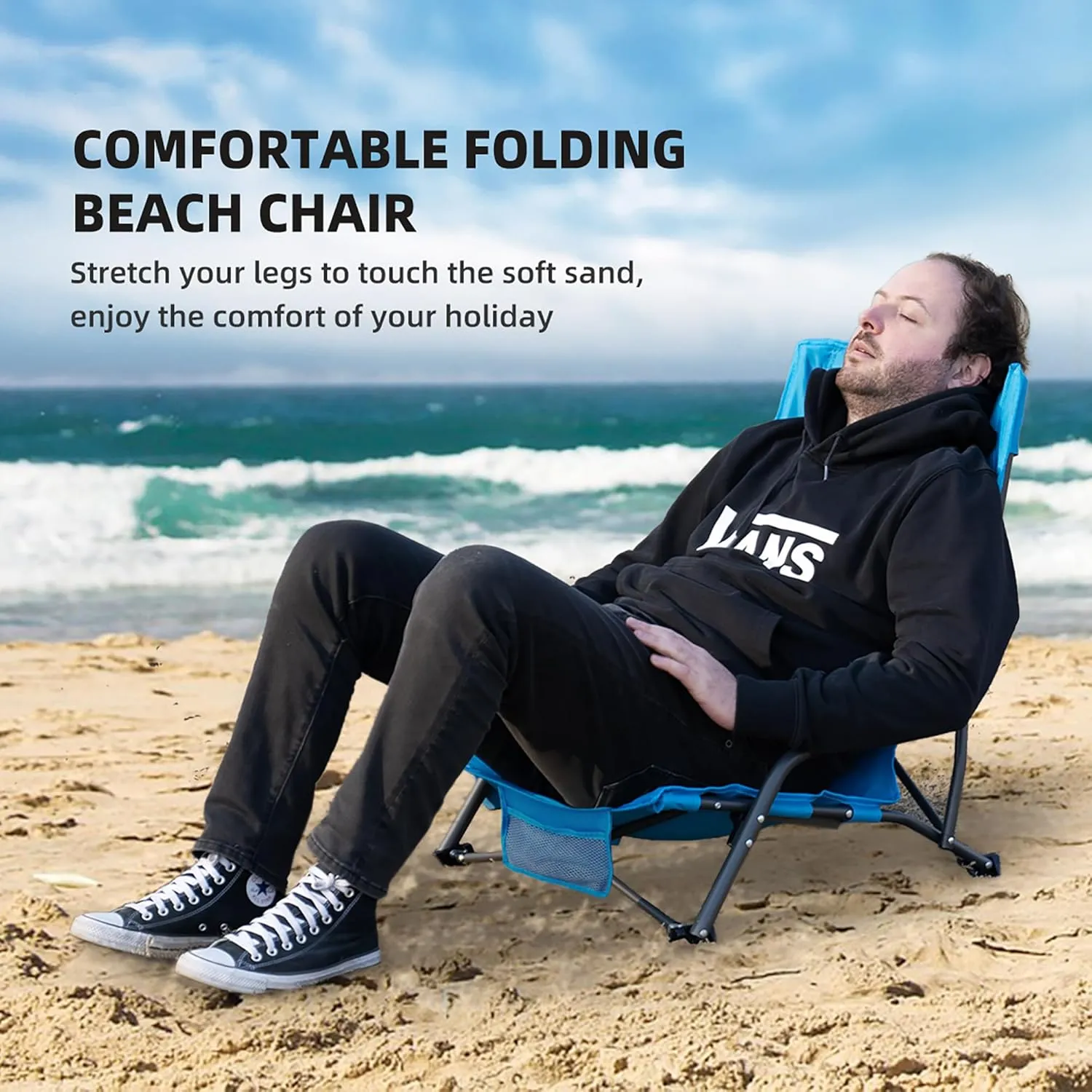 Portable Folding Beach Chair for Adults Set of 4- Lightweight Low Back Sling Chair with Cup Holder & Storage Pocket, 300lbs Capacity Camping Chair for Outdoor, Lawn, Concert, Travel (Blue)