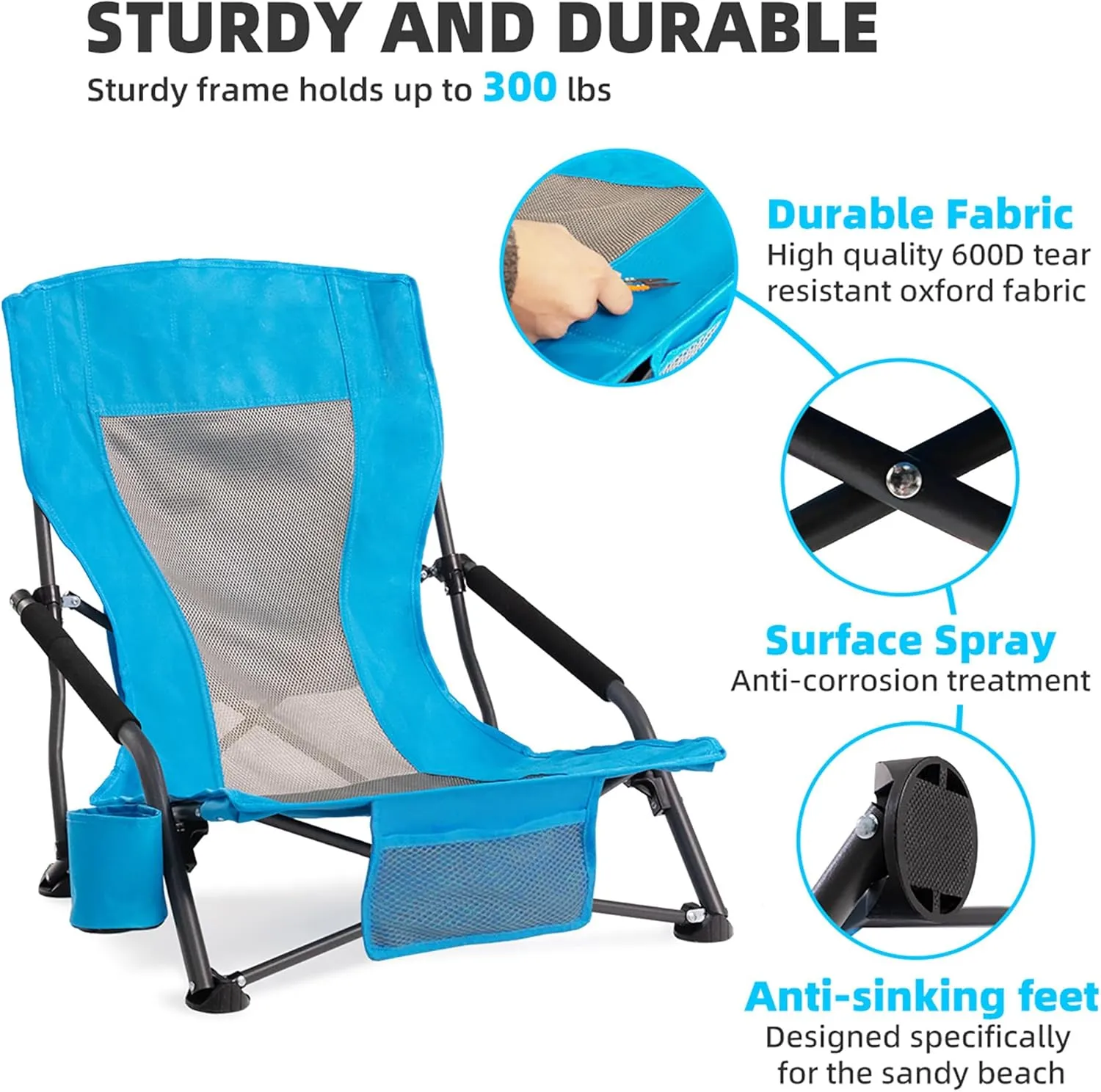 Portable Folding Beach Chair for Adults Set of 4- Lightweight Low Back Sling Chair with Cup Holder & Storage Pocket, 300lbs Capacity Camping Chair for Outdoor, Lawn, Concert, Travel (Blue)