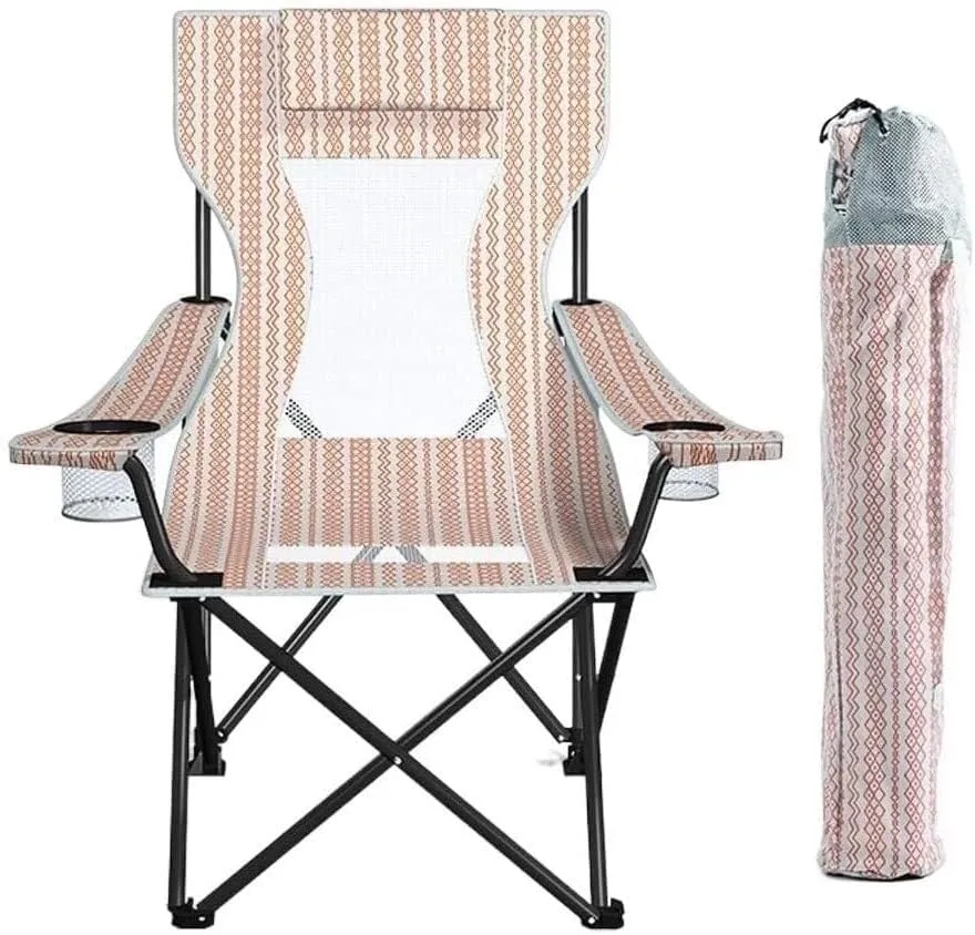 Portable Folding Camping Chair with Cup Holder, Lightweight Beach Chair, Outdoor Fishing Chair, Breathable Mesh Back, Easy to Carry with Storage Bag, Ideal for Hiking & Backpacking(White)