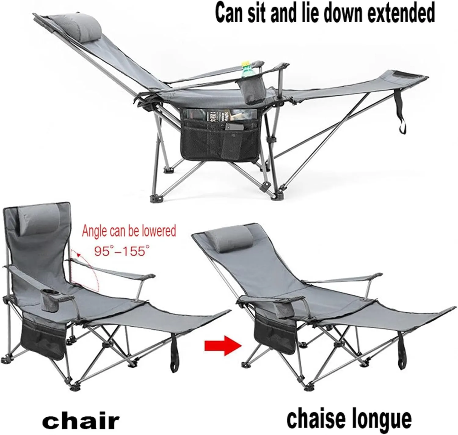 Portable Reclining Camping Chair with Cup HolderDetachable Footrest Folding Recliner Outdoor Lightweight Lawn Chairs for Travel Outside Camp Beach Fishing Sports,C