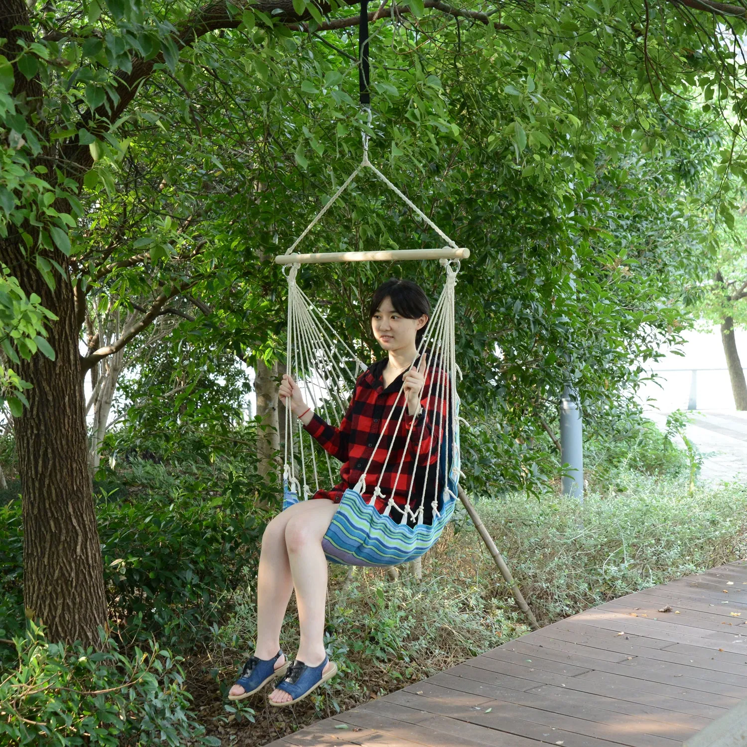 Portable Rope Hammock Chair Woven Hanging Swing Seat Outdoor Garden Yard Camping Blue