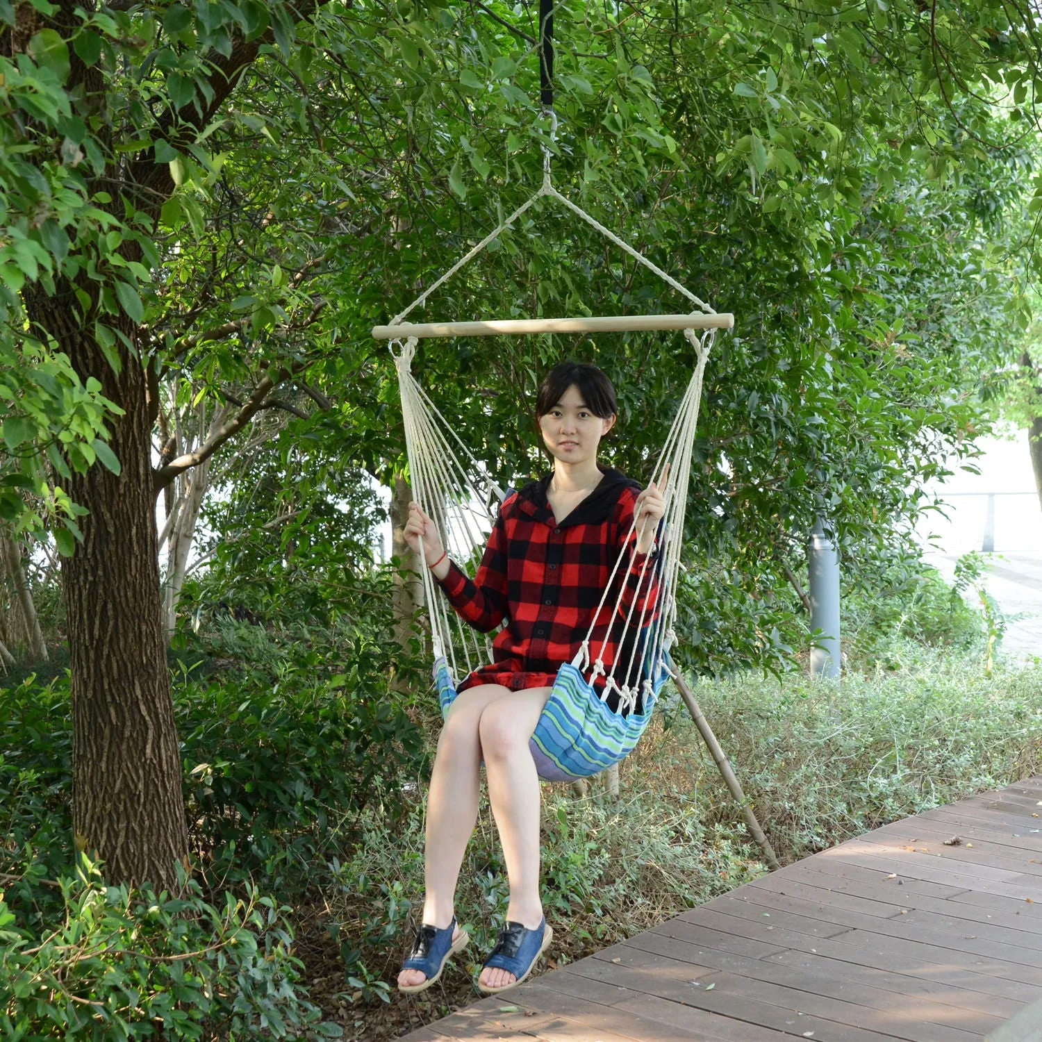 Portable Rope Hammock Chair Woven Hanging Swing Seat Outdoor Garden Yard Camping Blue