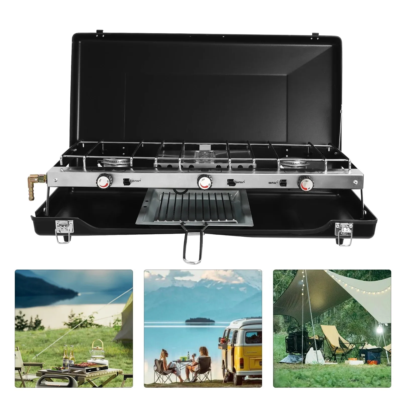 Portable Tabletop Cooking Stove with Handle Camping Stove with Removable Grid and Tray
