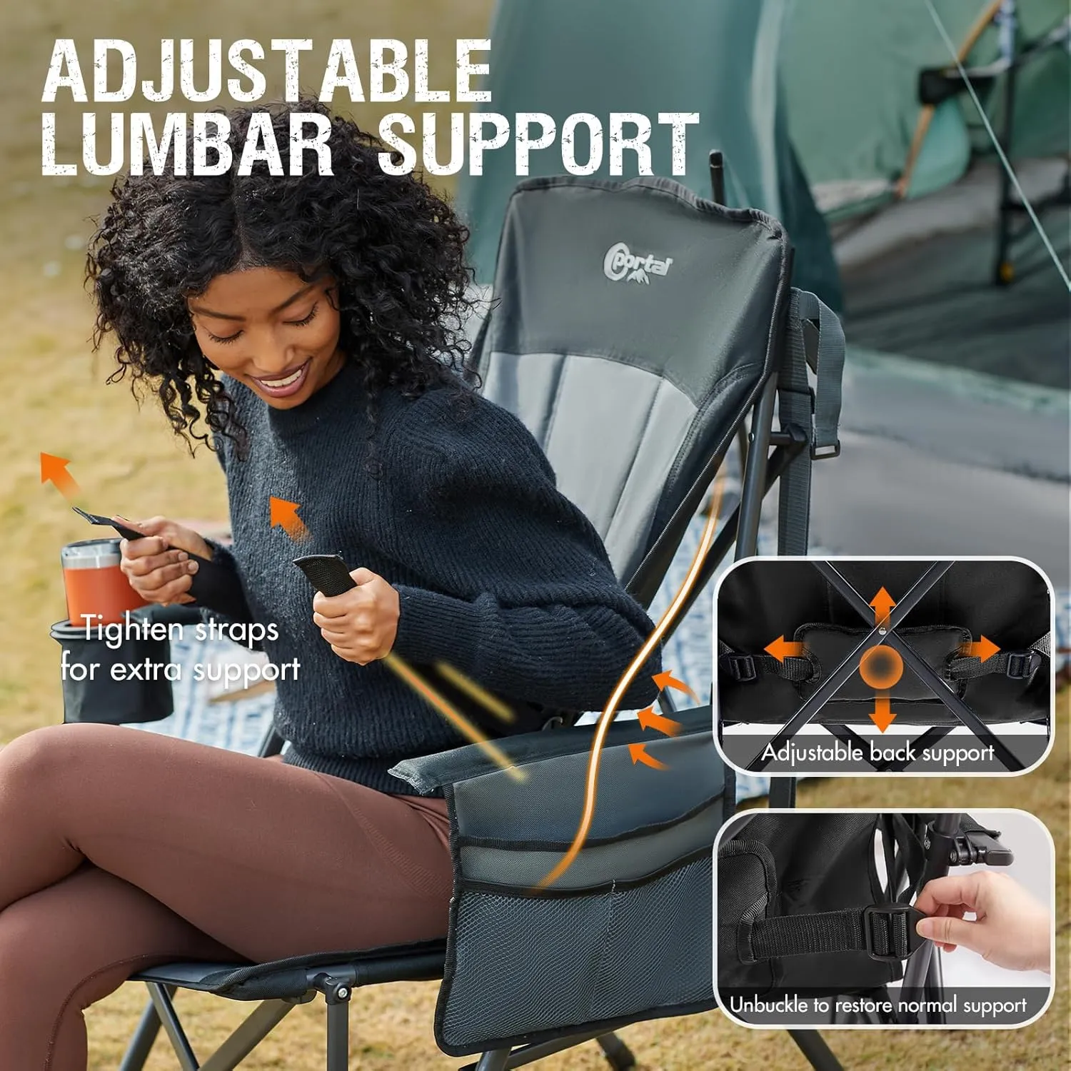 PORTAL Camping Chair with Lumbar Support for Adults Folding Portable High Back Oversized, 400LBS
