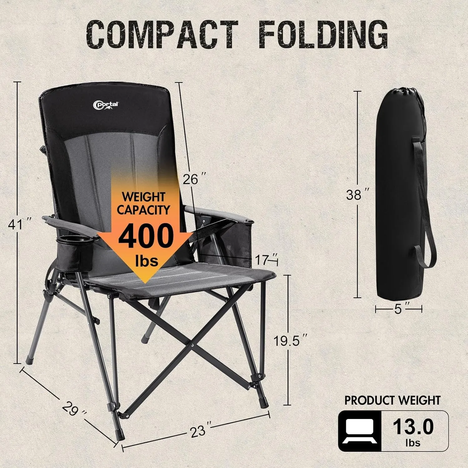PORTAL Camping Chair with Lumbar Support for Adults Folding Portable High Back Oversized, 400LBS