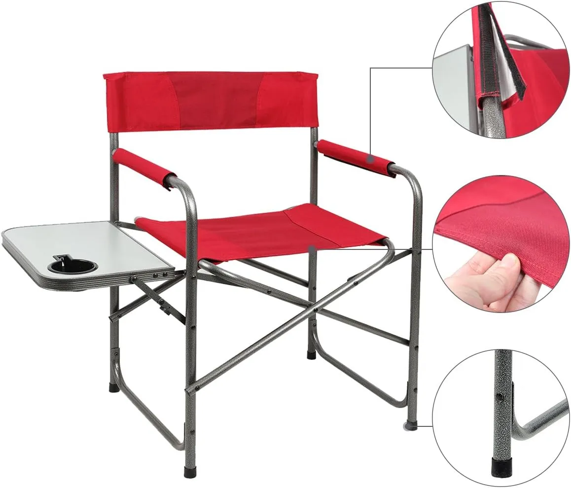 PORTAL Portable Compact Steel Frame Director’s Side Table Lightweight Oversized Chair for Outdoor Camp Fishing Picnic Lawn, Support 225lbs, Red