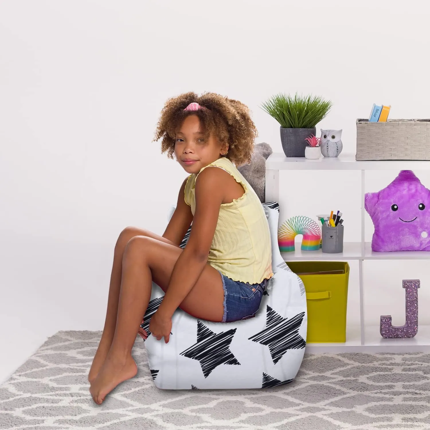Posh Creations Bean Bag Chair Structured Seat for Toddlers and Kids, Comfy Chair for Gaming, Reading, and Watching TV for Children, Pasadena Chair, Canvas - Sketchy Stars