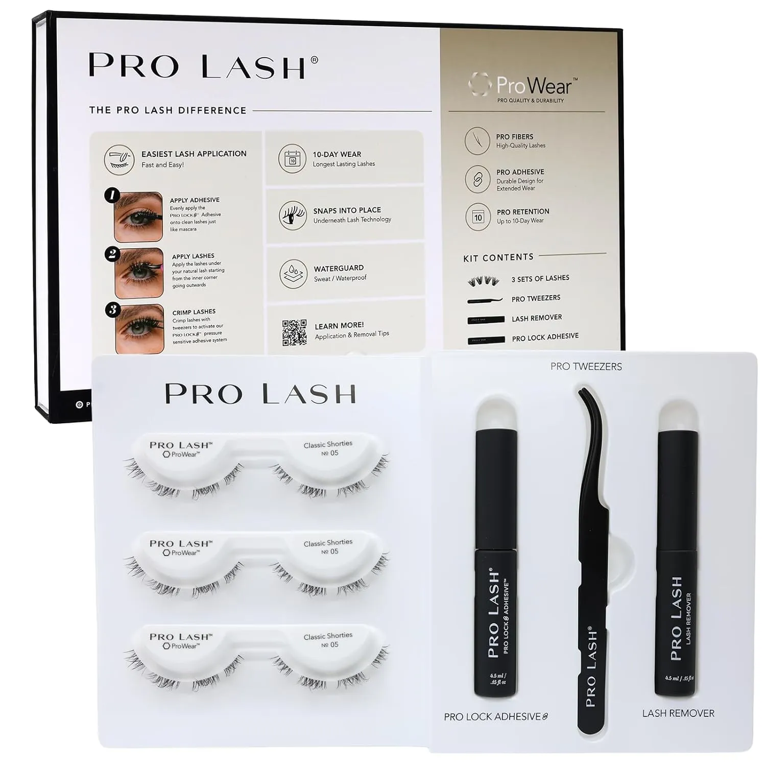 Pro Lash ProWear Starter Lash Clusters Kit - Easiest to Apply Lashes - 10-Day Cluster Eyelash Extensions - 3 Sets of False Eyelashes Plus Adhesive, Remover, Tweezers - Classic Shorties No. 05 - Black