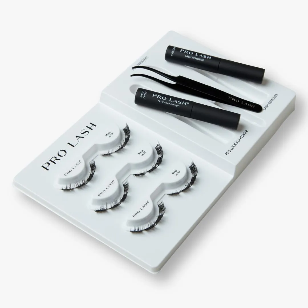Pro Lash ProWear Starter Lash Clusters Kit - Easiest to Apply Lashes - 10-Day Cluster Eyelash Extensions - 3 Sets of False Eyelashes Plus Adhesive, Remover, Tweezers - Mega Volume No. 03 - Black