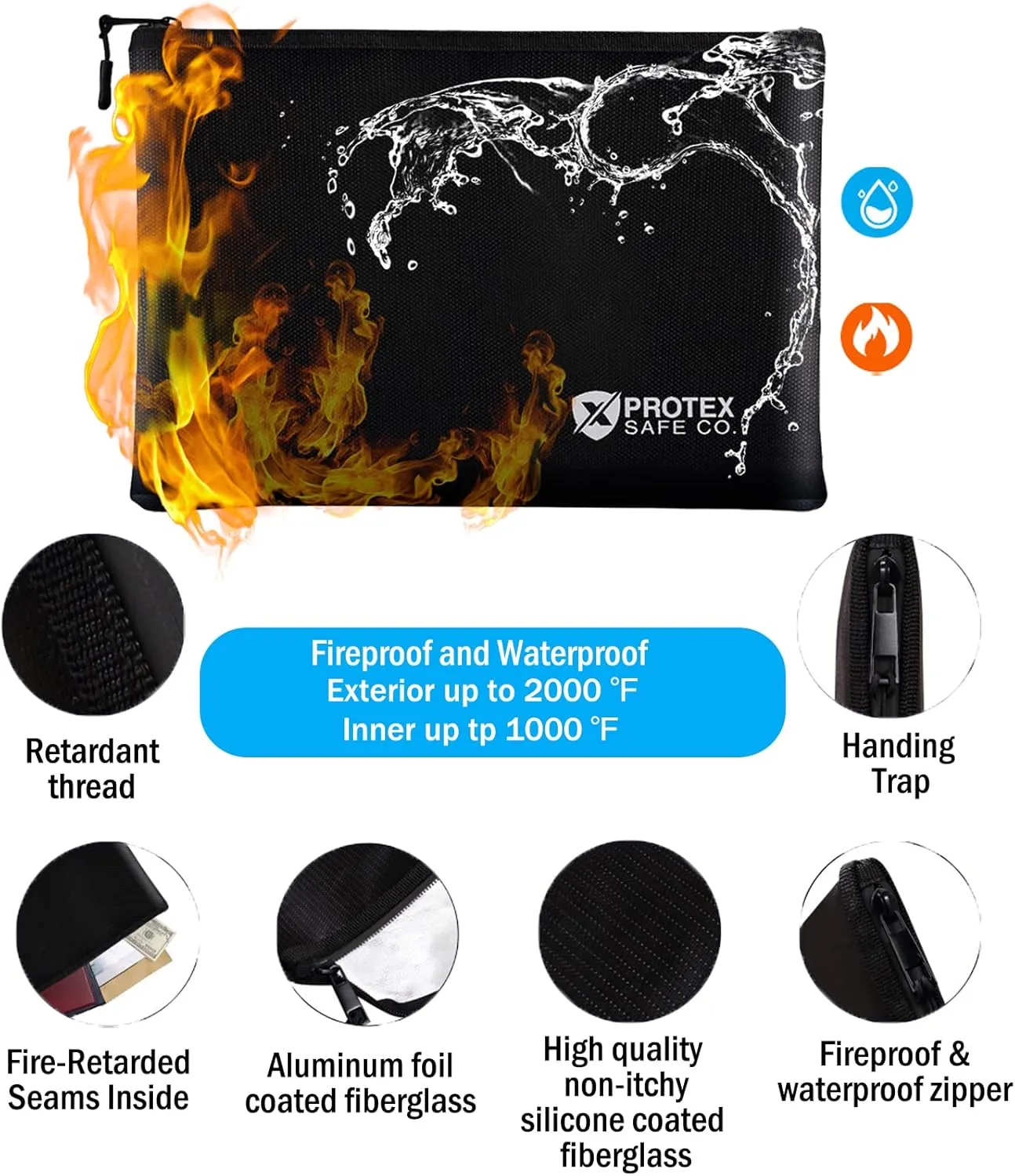 ProtexSafe Fireproof Bag - 2 Pack (9.8in x 13.4in) & (6.7in x 10.6in), Money Bag, Document Bag. Fireproof and Non-Itchy Waterproof Proof, Explosion-Proof,Smoking provention. (Black)