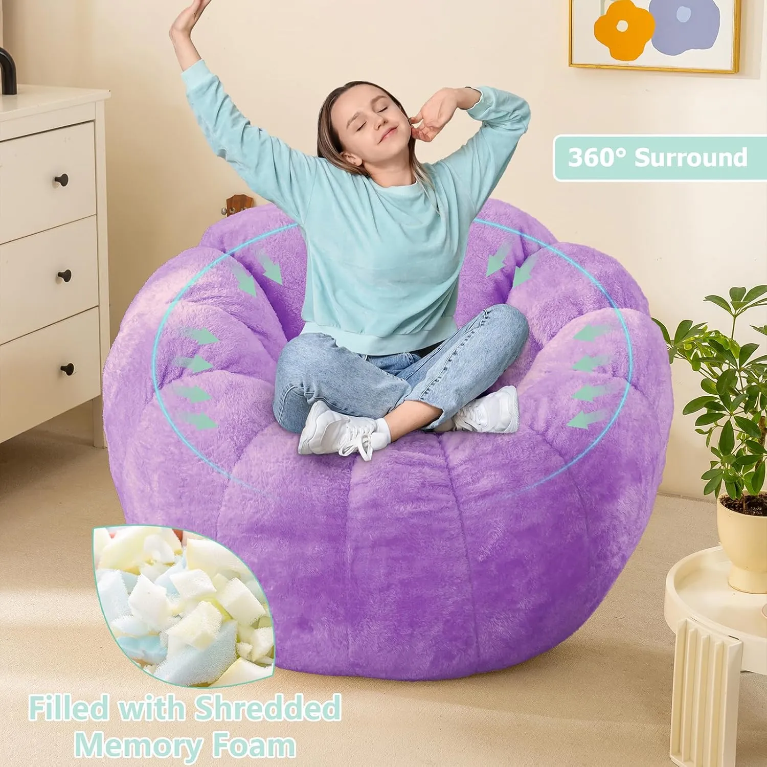 Pumpkin Bean Bag Sofa Chair for Adult, Beanbag Couch with Filler for Reading and Relaxation, Comfy and Lazy Sofa for Dorm, Apartment, Living Room and Bedroom, Violet