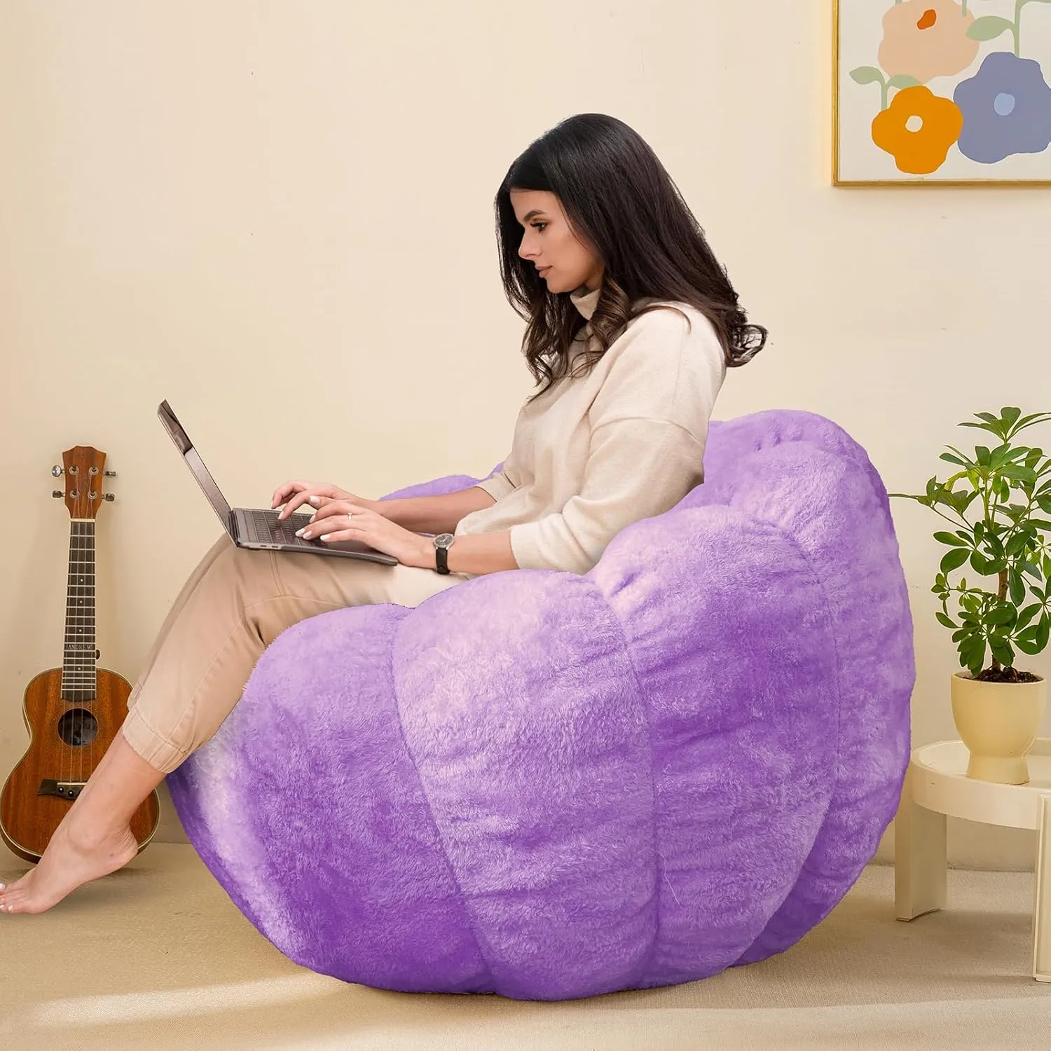 Pumpkin Bean Bag Sofa Chair for Adult, Beanbag Couch with Filler for Reading and Relaxation, Comfy and Lazy Sofa for Dorm, Apartment, Living Room and Bedroom, Violet