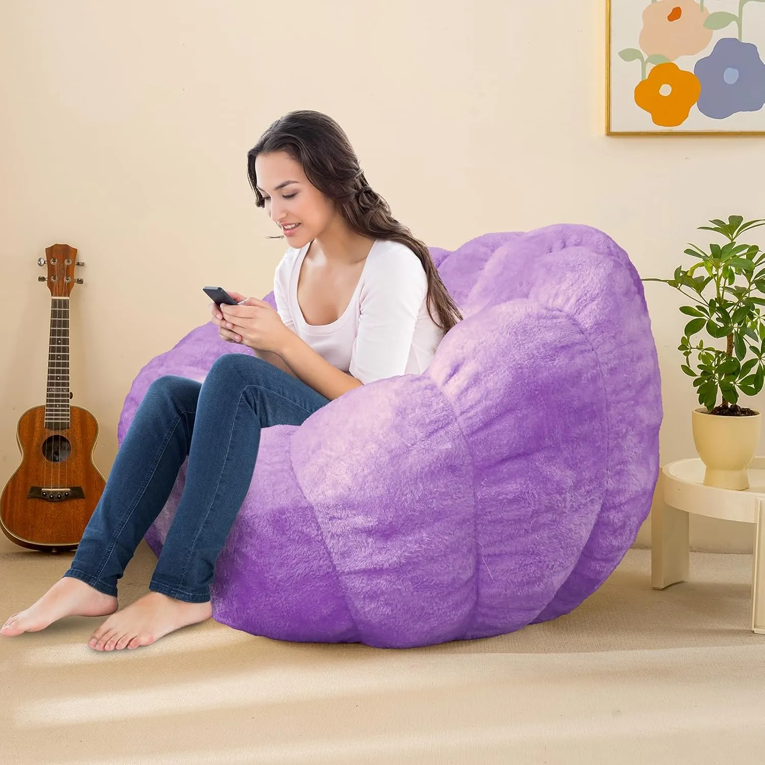 Pumpkin Bean Bag Sofa Chair for Adult, Beanbag Couch with Filler for Reading and Relaxation, Comfy and Lazy Sofa for Dorm, Apartment, Living Room and Bedroom, Violet