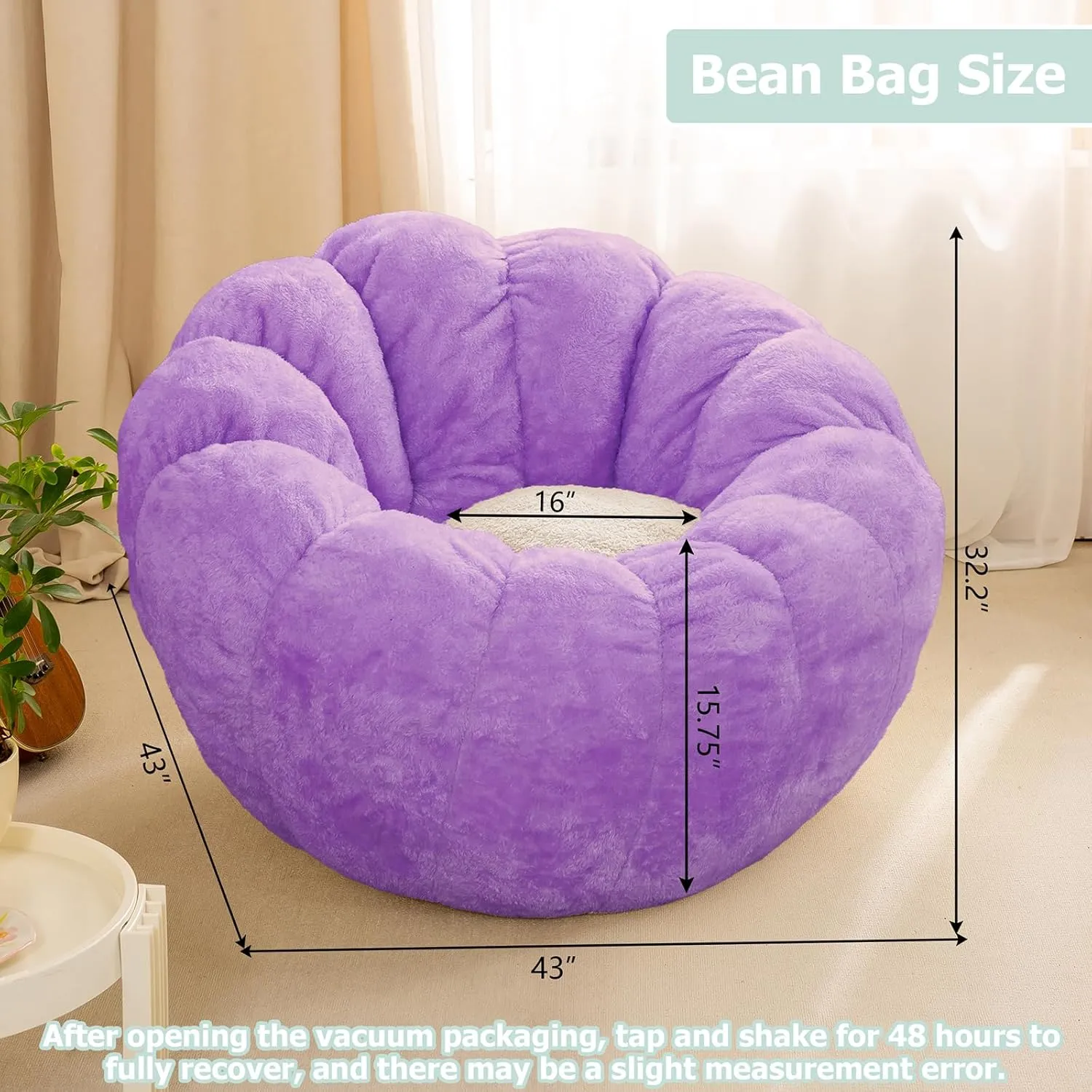 Pumpkin Bean Bag Sofa Chair for Adult, Beanbag Couch with Filler for Reading and Relaxation, Comfy and Lazy Sofa for Dorm, Apartment, Living Room and Bedroom, Violet