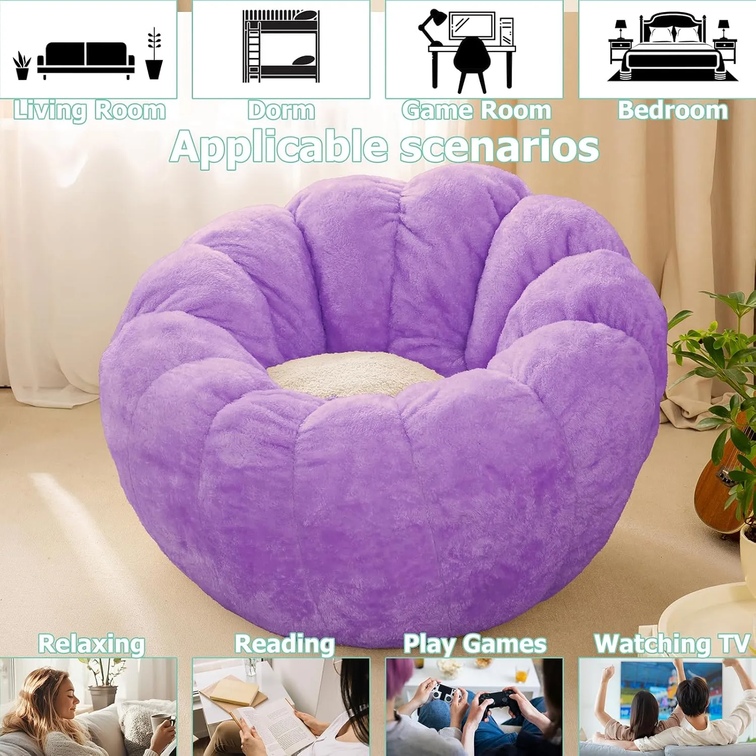 Pumpkin Bean Bag Sofa Chair for Adult, Beanbag Couch with Filler for Reading and Relaxation, Comfy and Lazy Sofa for Dorm, Apartment, Living Room and Bedroom, Violet