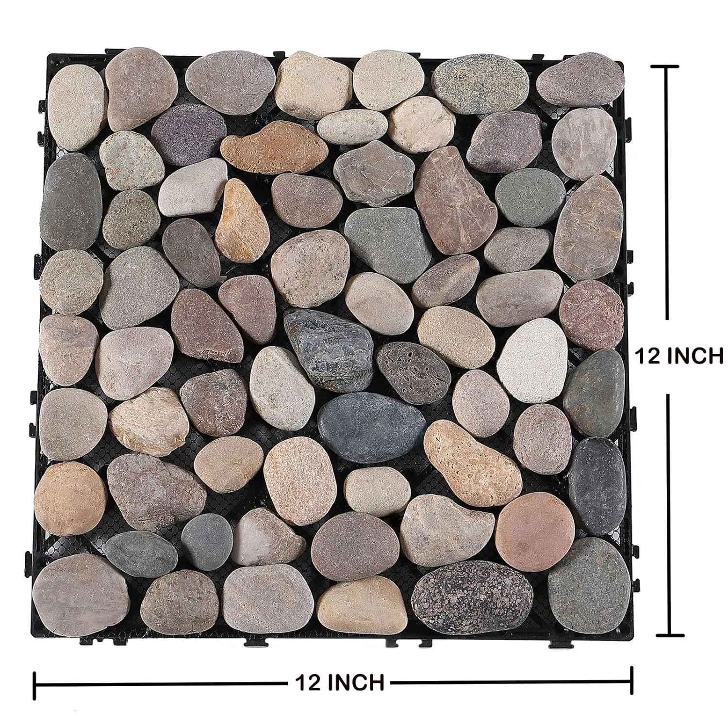 PURE ERA Pebble Interlocking Floor Deck Tiles Polished Real Stone Tile Indoor Outdoor Use 12”x12” (4Pcs, 4 sq. Ft, Natural Pebble)- Great Upgrade to Patio Backyard Pathway