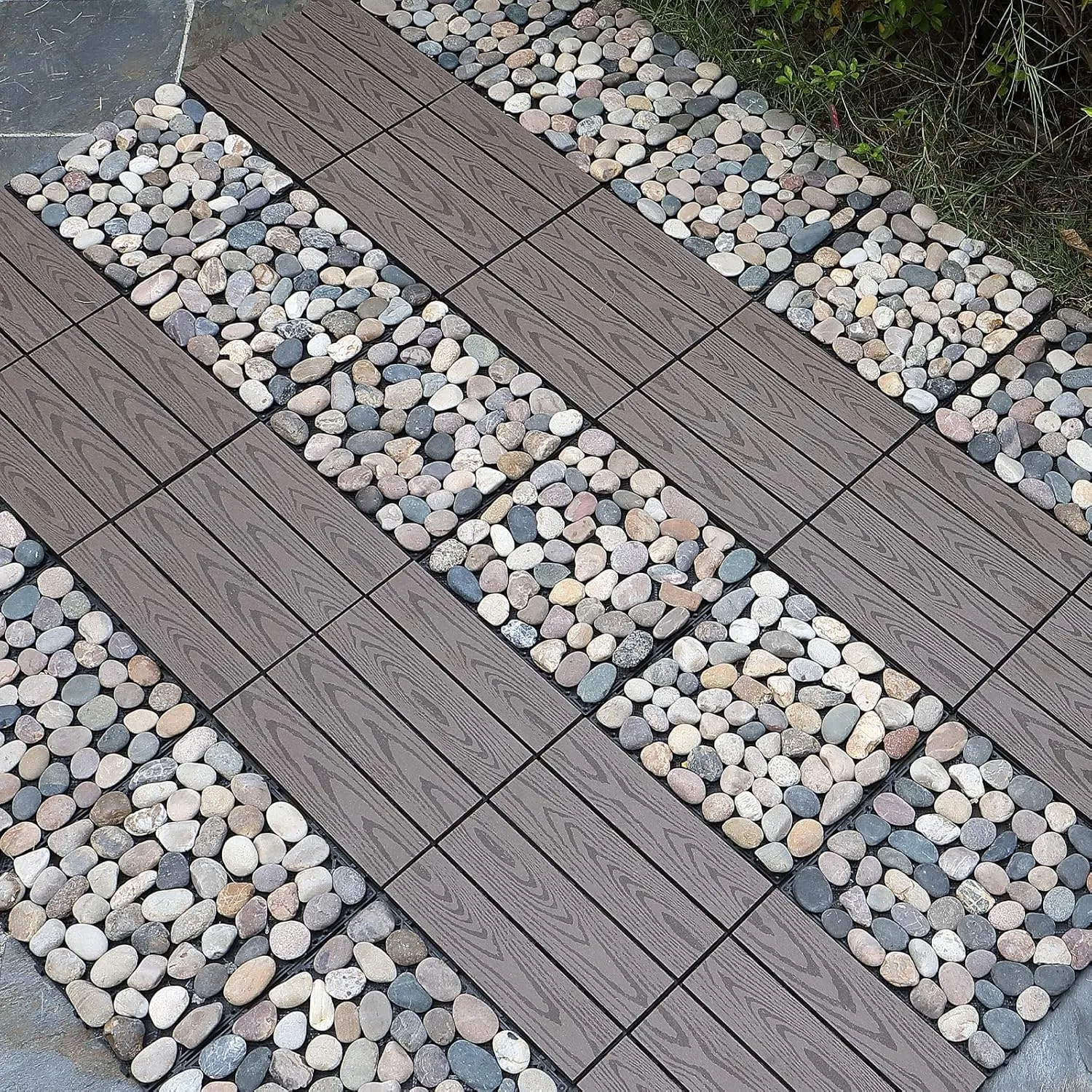 PURE ERA Pebble Interlocking Floor Deck Tiles Polished Real Stone Tile Indoor Outdoor Use 12”x12” (4Pcs, 4 sq. Ft, Natural Pebble)- Great Upgrade to Patio Backyard Pathway