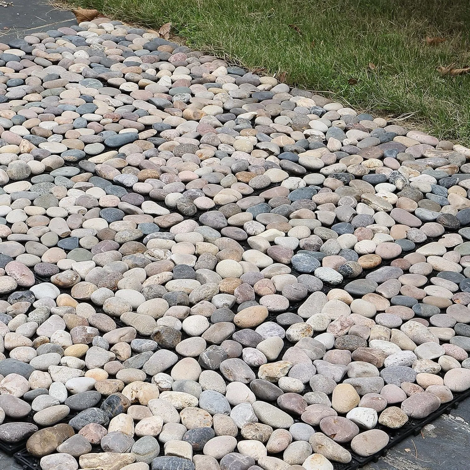PURE ERA Pebble Interlocking Floor Deck Tiles Polished Real Stone Tile Indoor Outdoor Use 12”x12” (4Pcs, 4 sq. Ft, Natural Pebble)- Great Upgrade to Patio Backyard Pathway