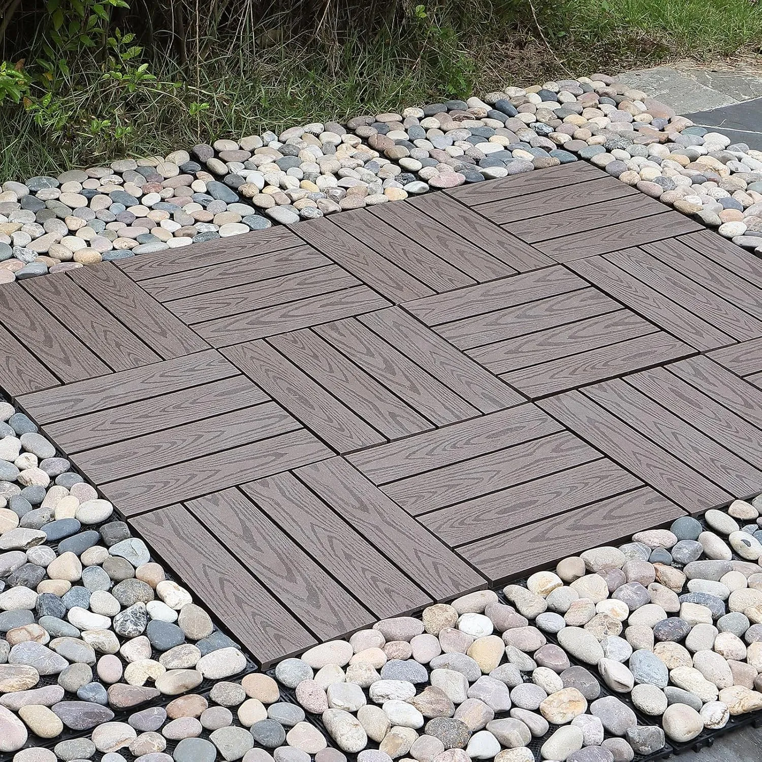 PURE ERA Pebble Interlocking Floor Deck Tiles Polished Real Stone Tile Indoor Outdoor Use 12”x12” (4Pcs, 4 sq. Ft, Natural Pebble)- Great Upgrade to Patio Backyard Pathway