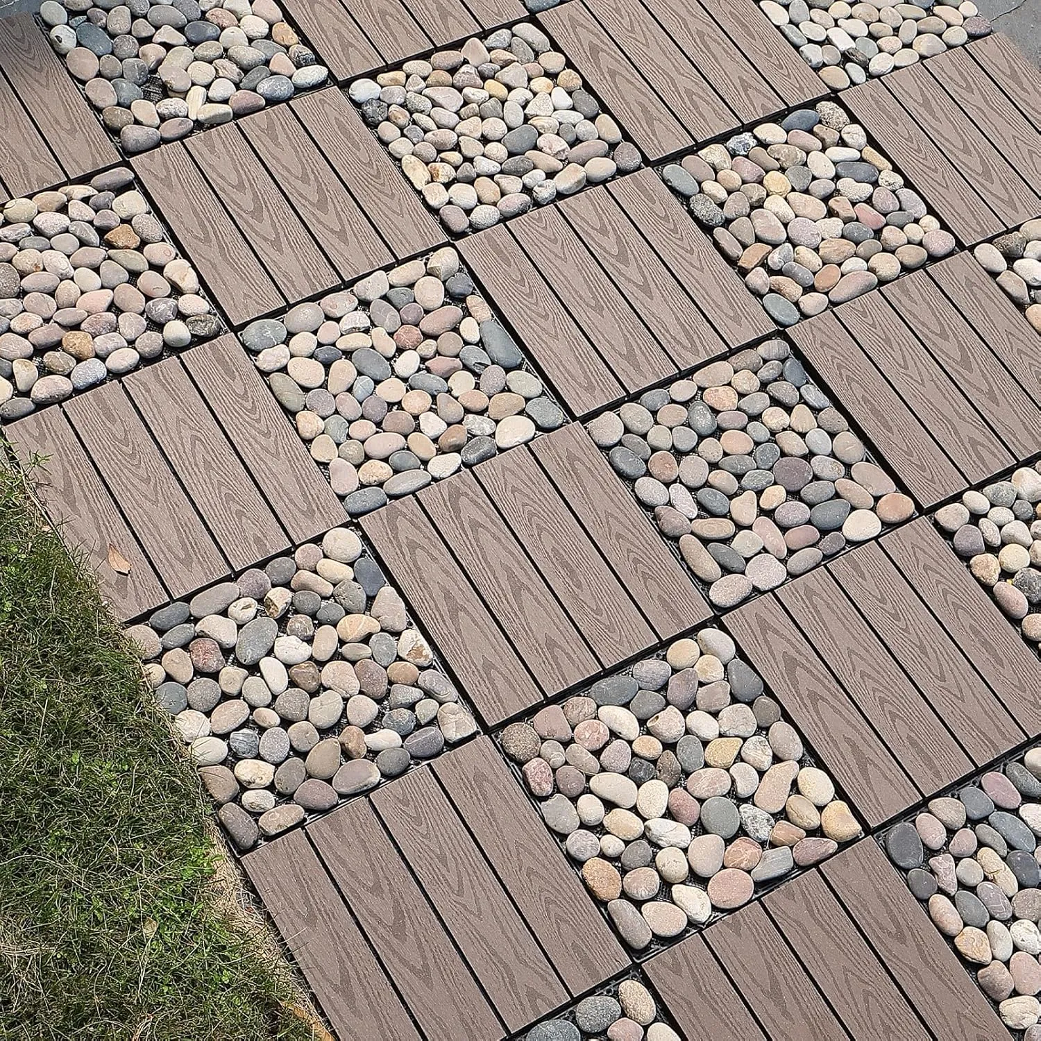 PURE ERA Pebble Interlocking Floor Deck Tiles Polished Real Stone Tile Indoor Outdoor Use 12”x12” (4Pcs, 4 sq. Ft, Natural Pebble)- Great Upgrade to Patio Backyard Pathway