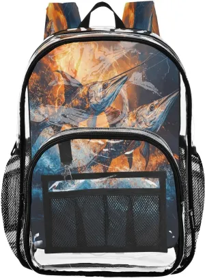 PVC Sailfish Sea Ocean Fire Boys Girls School See Through Bag Clear Transparent Waterproof Backpack