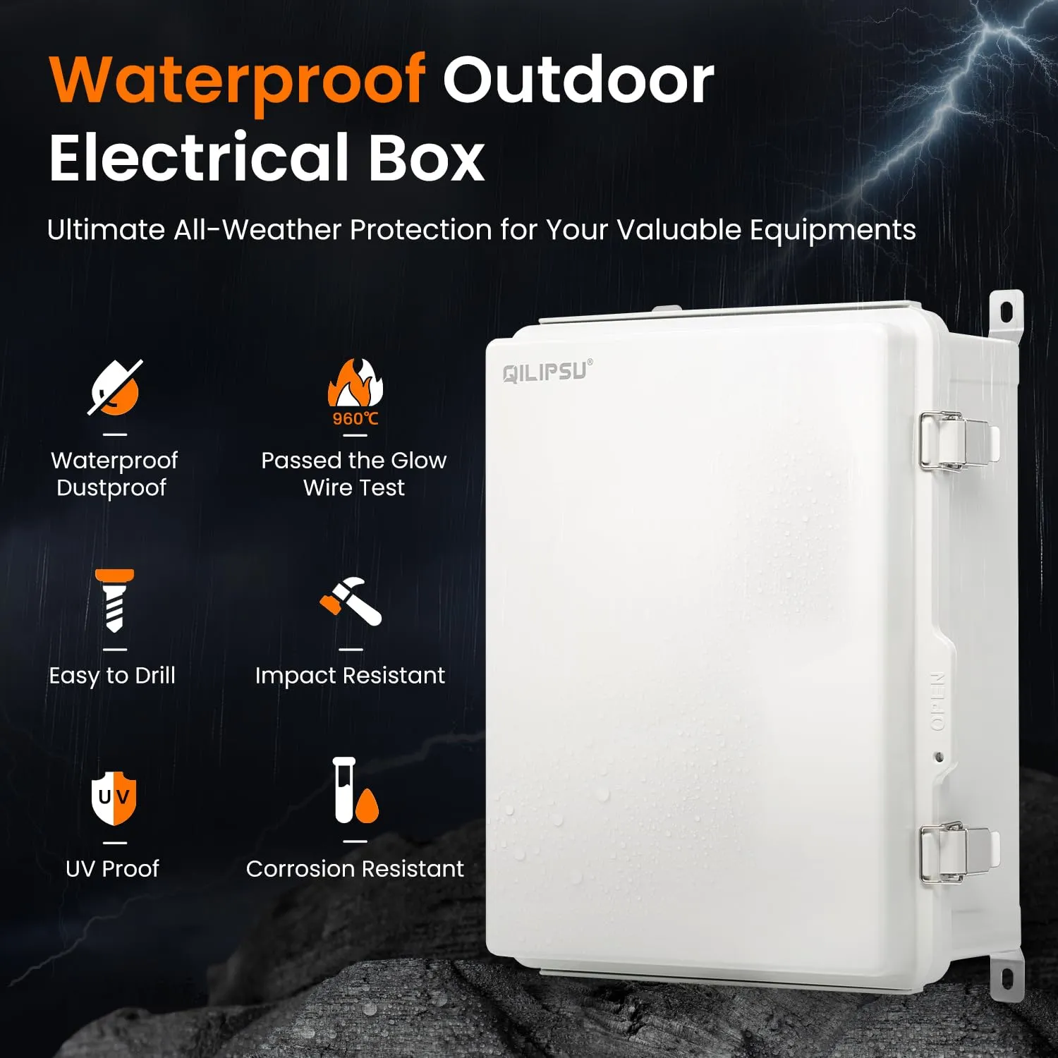 QILIPSU UL94-V0 Outdoor Electrical Box 16.4"x12.4"x7.1" Waterproof Junction Box Weatherproof PC/ABS Alloy Plastic IP66 Project Electric Enclosure Grey Hinged Door