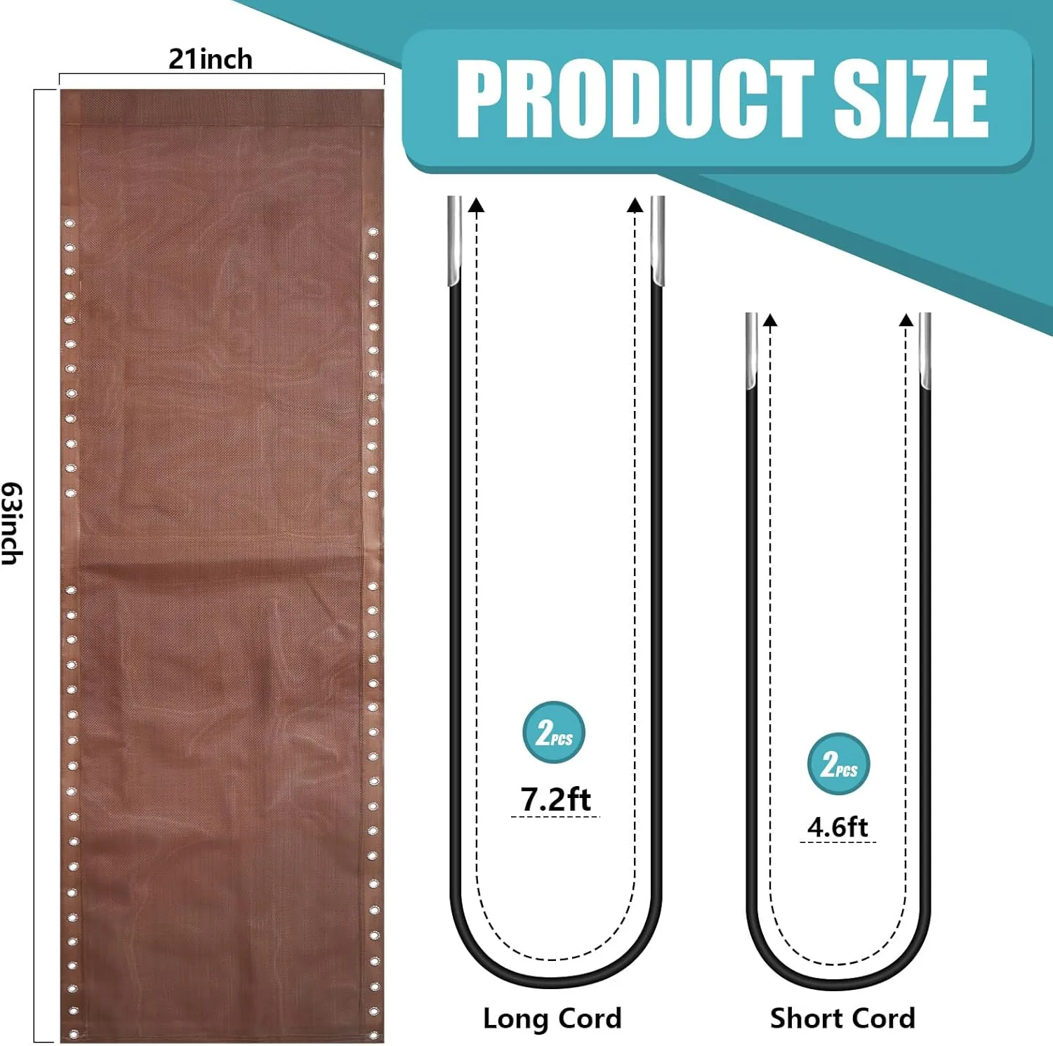Queekay Chair Replacement Fabric with 4 Bungee Cord Lounge Chair Cloth Mesh Repair Kit for Patio Recliner Outdoor Lawn Pool(63 x 21 Inch,Brown)