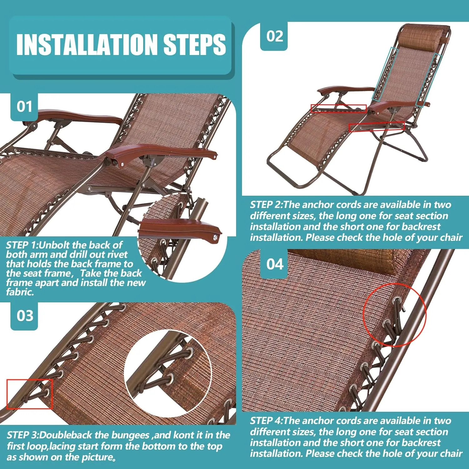 Queekay Chair Replacement Fabric with 4 Bungee Cord Lounge Chair Cloth Mesh Repair Kit for Patio Recliner Outdoor Lawn Pool(63 x 21 Inch,Brown)