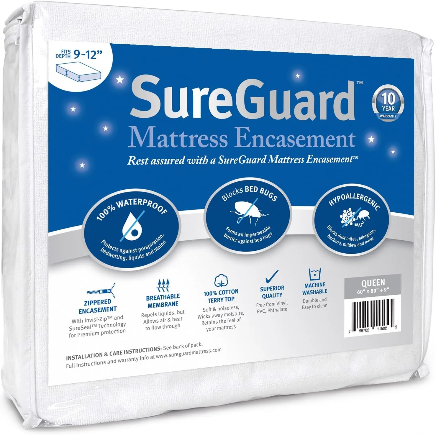 Queen (9-12 in. Deep) SureGuard Mattress Encasement - 100% Waterproof, Bed Bug Proof, Hypoallergenic - Premium Zippered Six-Sided Cover