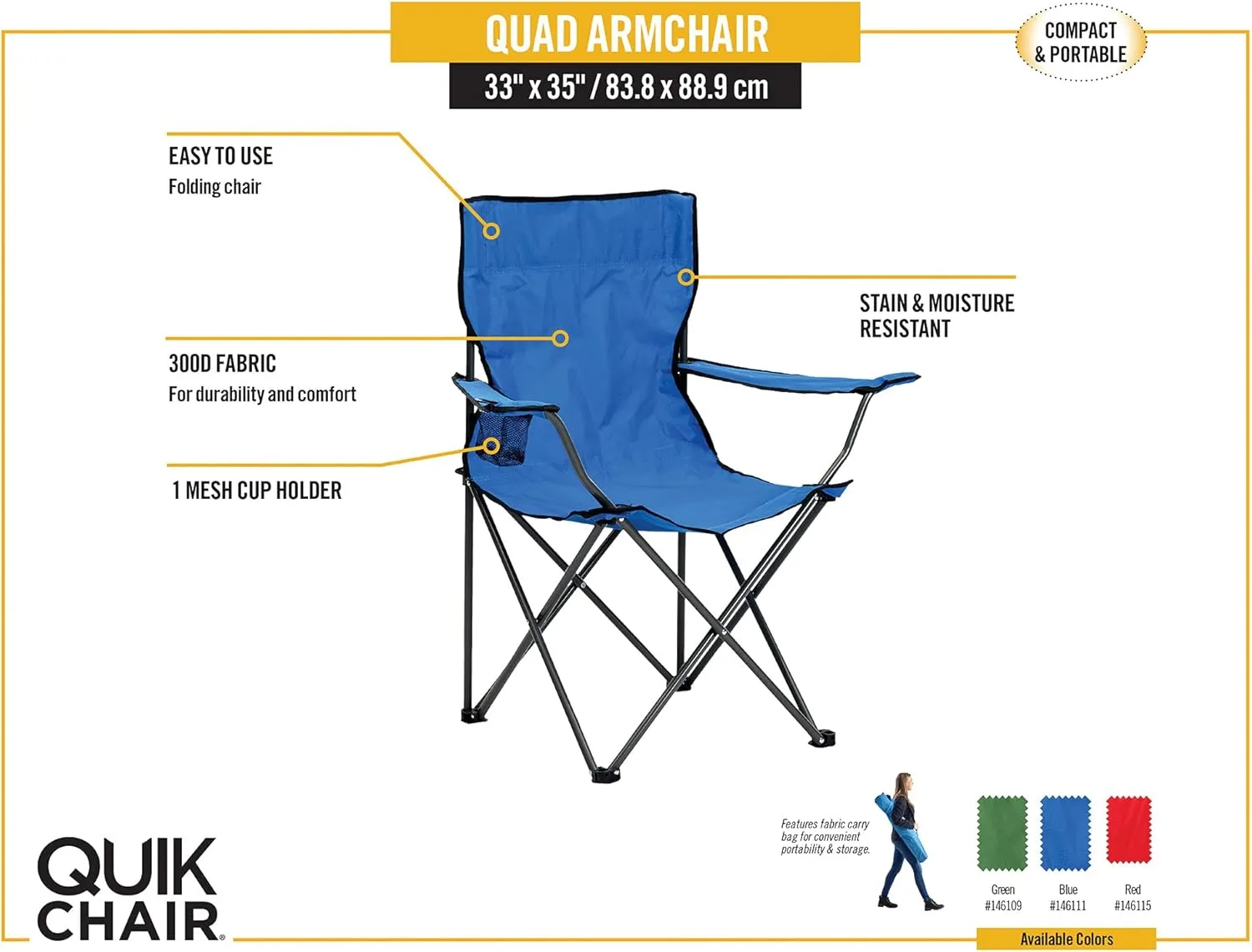 Quik Shade Chair Portable Folding Chair with Arm Rest Cup Holder and Carrying and Storage Bag, Red (146115)